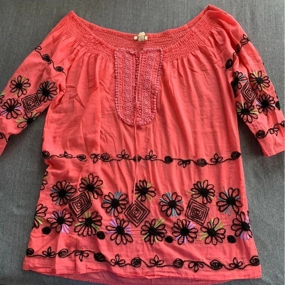 Kyra Off Shoulder Boho Tunic Coral Hand Embroidered Detail Cotton Top size Large - Picture 8 of 13